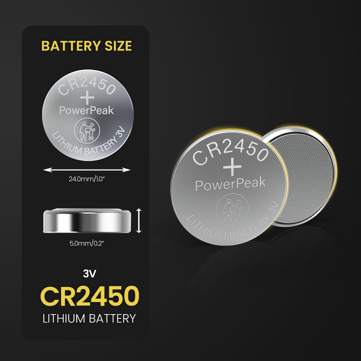 PowerPeak CR2450 Battery 3V Lithium Coin Cell